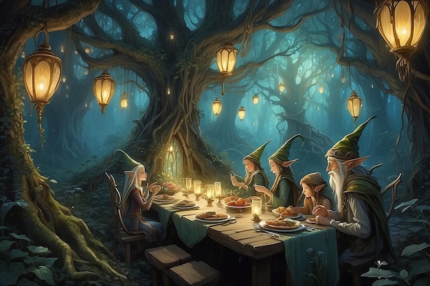 Fantasie-Waldessen-Elfen, verzauberte Bäume und ätherisch leuchtende Nahrung