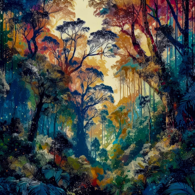 Fantasie-Waldmalerei Viele Farben Malstil