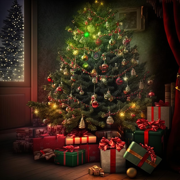 Fantasie-Weihnachtsbaum mit Geschenken, die frohe Weihnachten feiern. Hintergrund der Weihnachtskarte