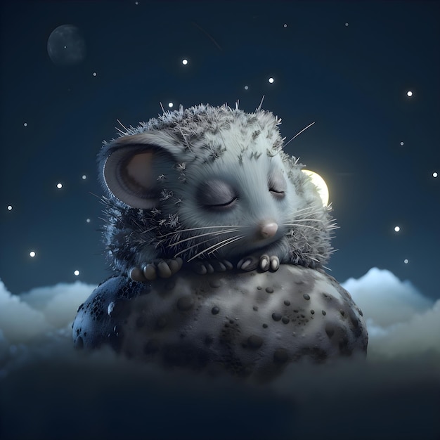 Fantasiebild einer Maus im Himmel mit Mond und Sternen