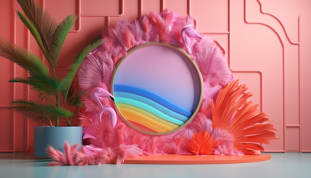 Fantasiefarbener Spiegel an der Wand 3D-Render