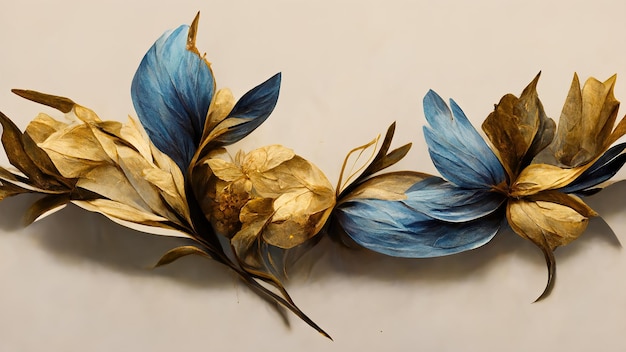 Fantasieflora Elegante blaue Blumen mit goldenem Blatt und Zweigen 3D-Rendering Rasterdarstellung