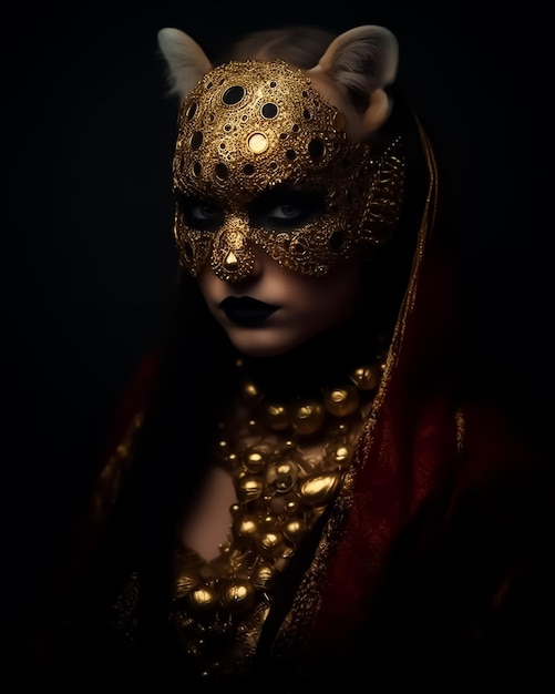 Fantasiegöttin mit goldener Tiger-Geparden-Maske und goldenen Accessoires in dramatischen Lichtern