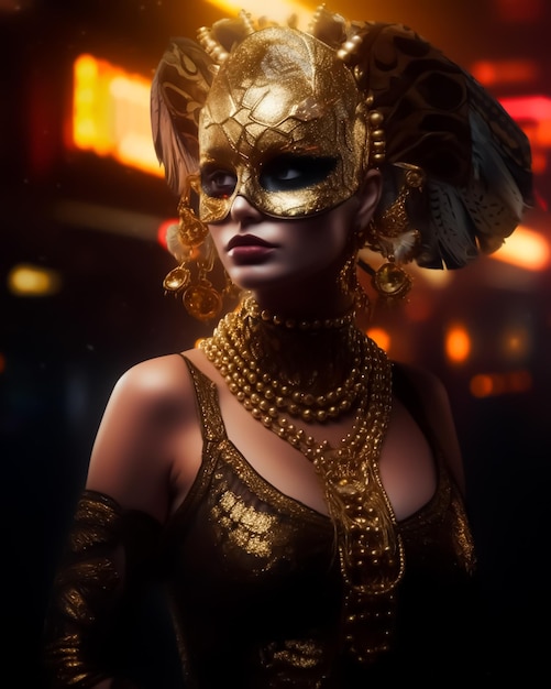 Fantasiegöttin mit goldener Tiger-Geparden-Maske und goldenen Accessoires in dramatischen Lichtern