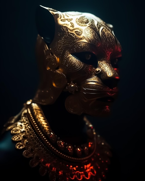 Fantasiegöttin mit goldener Tiger-Geparden-Maske und goldenen Accessoires in dramatischen Lichtern