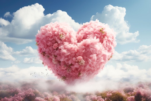 Fantasieherz aus rosa Wolken vor einem Hintergrund aus blauem Himmel und Landschaft