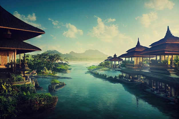 Fantasiekonzept, das eine horizontale Seitenansicht einer digitalen Kunstmalerei eines berühmten Bali-Hotels zeigt