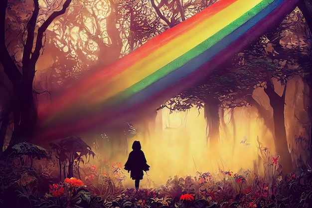 Fantasiekonzept, das einen großen bunten Regenbogen in einem verzauberten Fantasiegarten zeigt Digitale Kunstmalerei