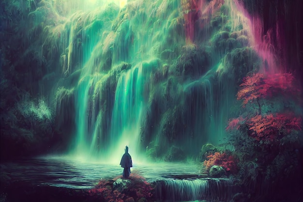 Foto fantasiekonzept, das mystischen wasserfall in der malereiillustration des digitalen kunststils des waldes zeigt