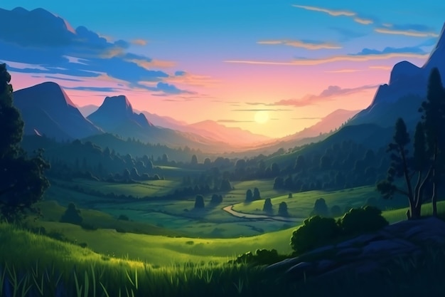 Fantasielandschaft Bergwiese bei Sonnenuntergang