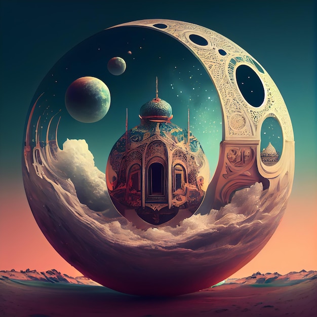 Fantasielandschaft mit Moschee auf dem Mond 3D-Illustration