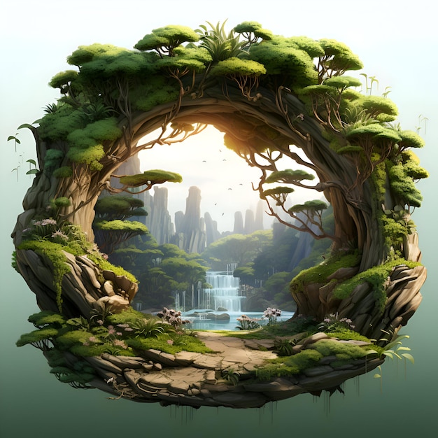 Fantasielandschaft mit Wasserfallsee und grünen Pflanzen 3D-Rendering