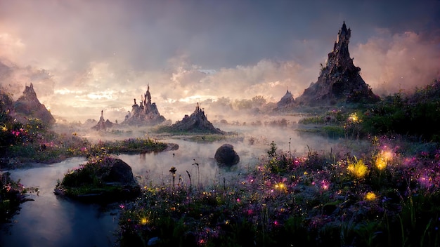 Foto fantasielandschaft mit wasserflecken und bergen in dunklen farben