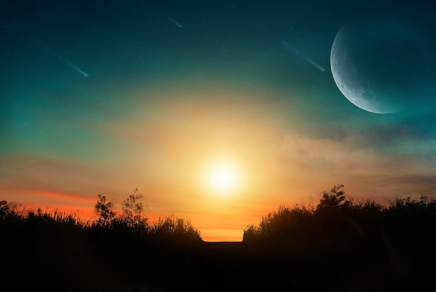 Fantasielandschaft Sun Set und der Blick auf den Kometen am Himmel