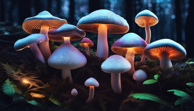 Foto fantasiepilze glühende pilze im geheimnisvollen dunklen wald