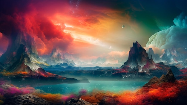 Fantasieplanet mit wirbelnden Wolken und farbenfrohen Landschaften. Generative KI