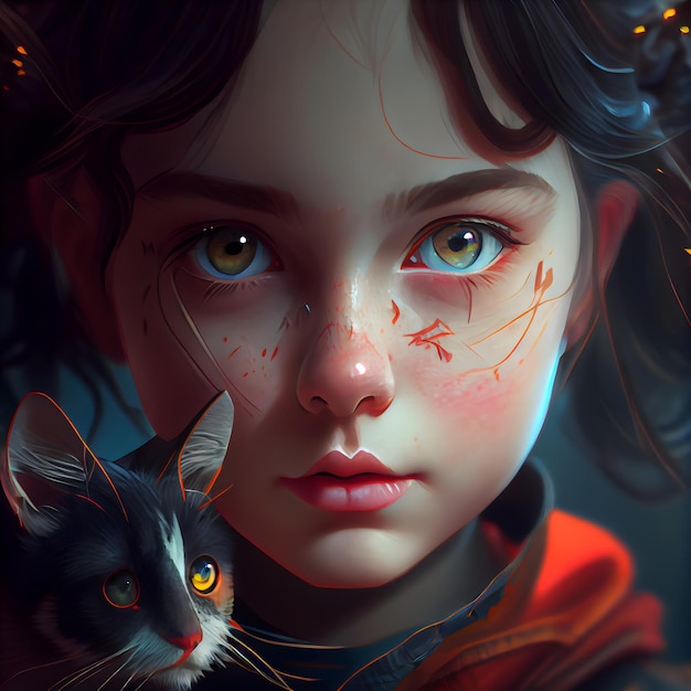 Fantasieporträt eines Mädchens mit einer Katze, 3D-Darstellung