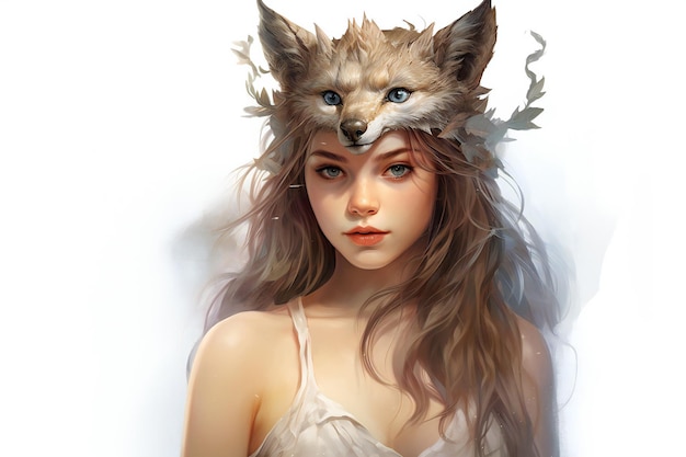 Fantasieporträt eines wunderschönen Fuchses mit blauen Augen auf weißem Hintergrund