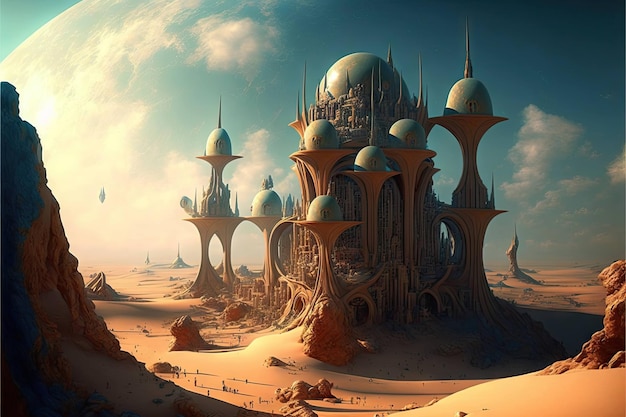 Fantasievolle außerirdische Landschaft mit außerirdischer Burg, erstellt mit generativer KI