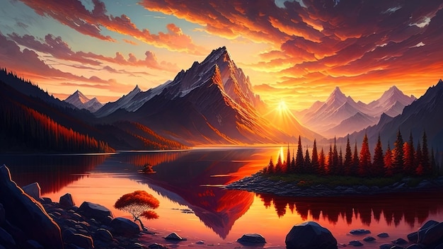 Fantasievolle Berglandschaft mit See und Wald bei Sonnenuntergang, 3D-Illustration