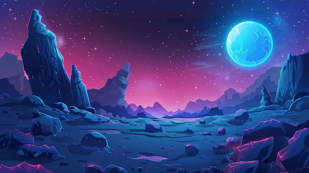 Fantasievolle fremde Landschaft in der Nacht Das felsige Gelände mit Steinen flüssige Substanz in Kratern Neon blauer Mond am Horizont sternenreicher Himmel und Raum Abenteuer Spiel Hintergrund werden in moderner Form gezeichnet