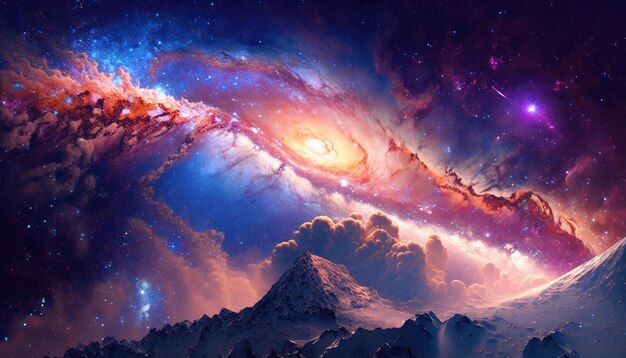 Fantasievolle Milchstraße mit Sternen und Nebeln, die in den Farben Blau, Rot und Magenta-Lila abstrakt leuchten