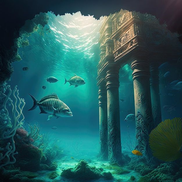 Fantasievolle Unterwasserlandschaft mit verlorener Stadt-KI