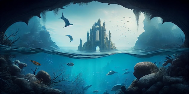 Fantasievolle Unterwasserlandschaft mit verlorener Stadt und Fischen