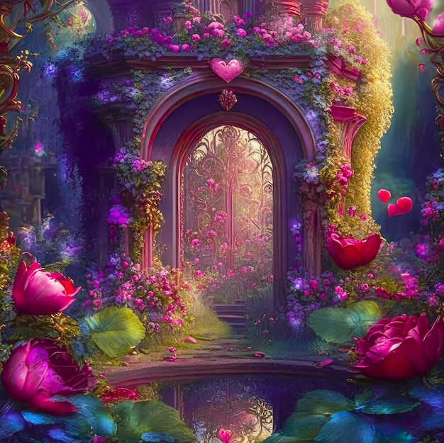 Fantasievoller romantischer Hintergrund mit Rosengarten und Blumenbogen Generative KI