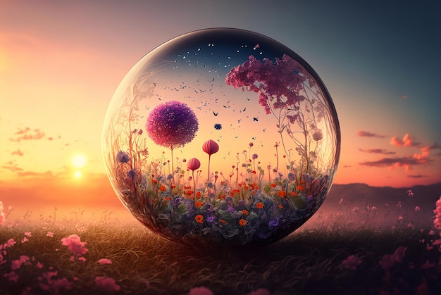 Fantasiewelt mit Blumen und Sonnenuntergang in transparenter Sphäre