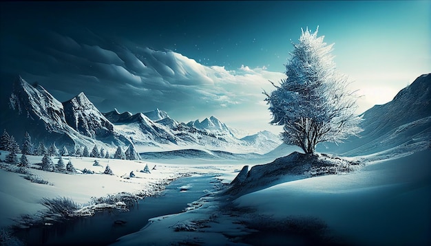 Fantasiewinterlandschaft mit schneebedeckten Bäumen und BergenGenerative ai