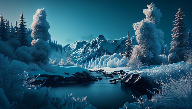 Fantasiewinterlandschaft mit schneebedeckten Bäumen und BergenGenerative ai