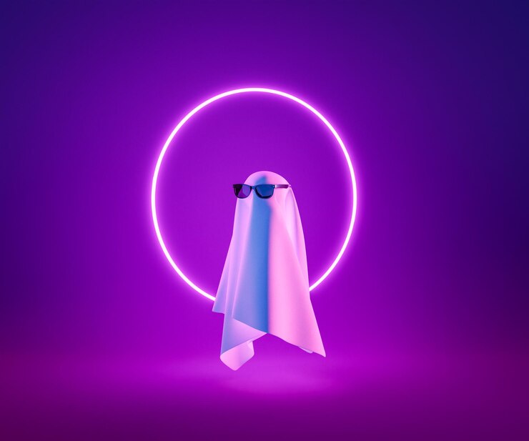 fantasma 3D com anel de néon contra fundo roxo