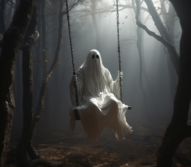fantasma arafiado sentado em um balanço em uma floresta escura gera IA