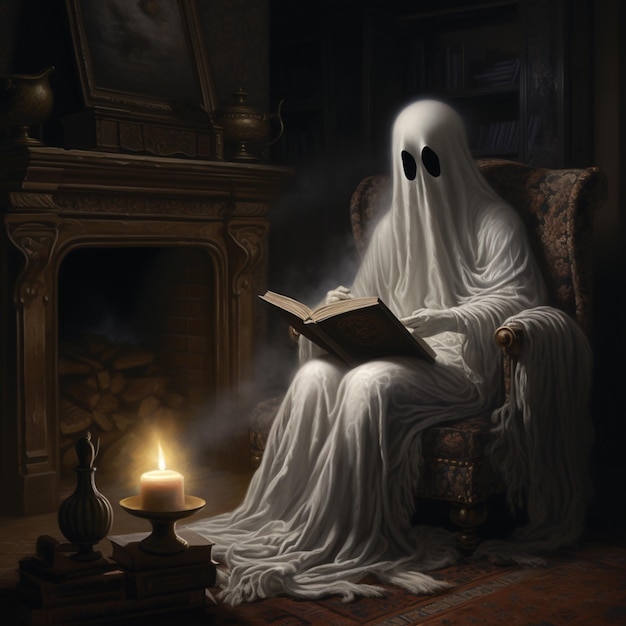 Foto fantasma arrafado lendo um livro em uma cadeira por uma lareira generativo ai
