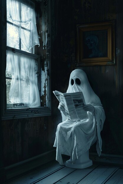 fantasma arrafado leyendo un periódico en una habitación oscura generativo ai