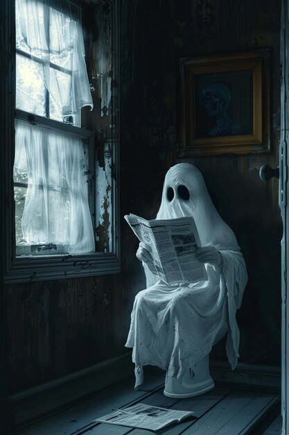 fantasma arrafado leyendo un periódico en una habitación oscura generativo ai