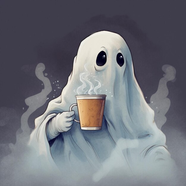 Foto fantasma arrafado segurando uma chávena de café com vapor saindo dela