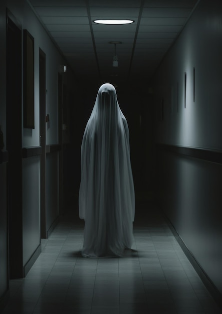 Un fantasma aterrador acechando en un pasillo imagen de alto contraste