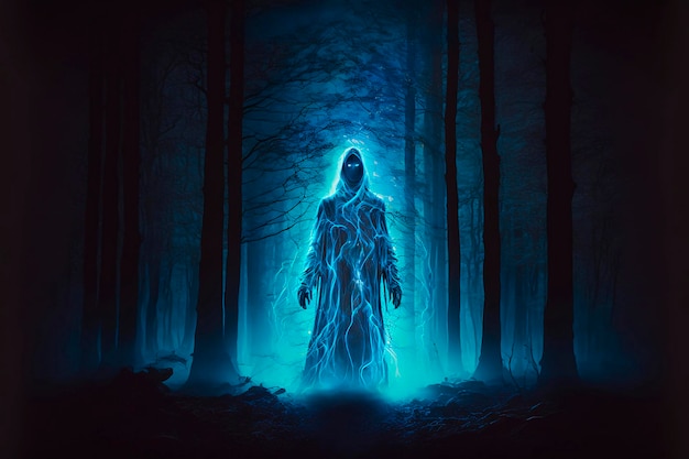 Fantasma aterrador que brilla intensamente azul en el bosque nocturno