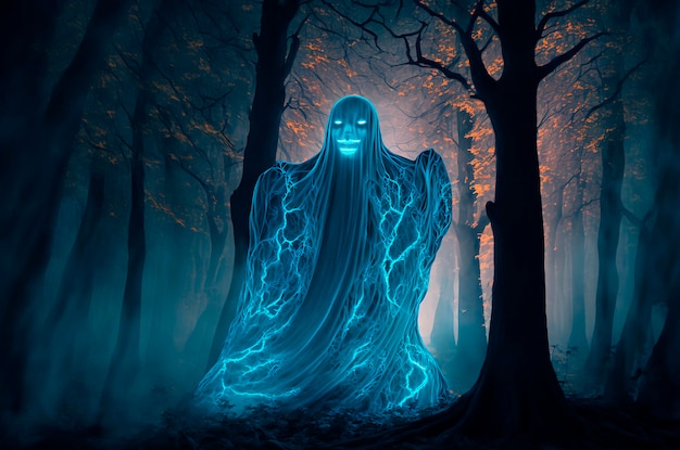 Fantasma aterrador que brilla intensamente azul en el bosque nocturno