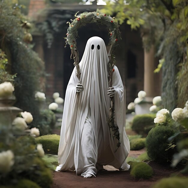 un fantasma blanco con una corona en la cabeza camina a través del jardín generado por la IA
