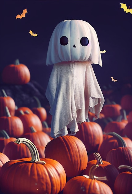 Fantasma blanco de jack o 'lantern flotando sobre calabazas ilustración 3d