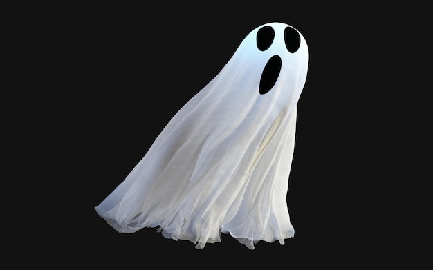 Fantasma blanco sobre fondo negro con trazado de recorte. Concepto de vacaciones con feliz halloween