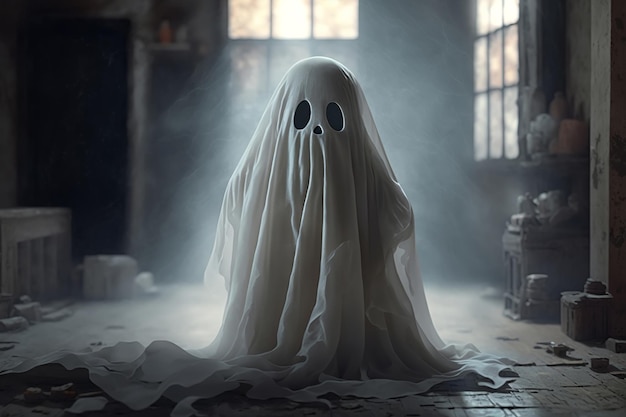 Fantasma bonitinho com lençol e olhos vazios em casa abandonada Conceito de misticismo do tema Halloween Generative AI