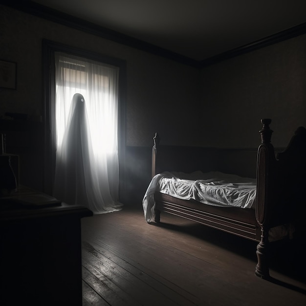 Fantasma branco assustador fica no canto do quarto escuro perto da janela pesadelo halloween horror fantasia