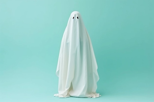 Fantasma branco em fundo pastel Conceito assustador mínimo de Halloween Folha de fantasma Traje de Halloween Composição minimalista com espaço de cópia AI gerado