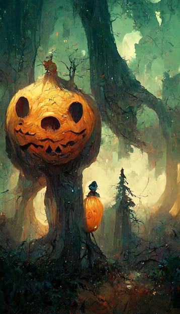 Fantasma de calabaza en el bosque Ilustración 3D