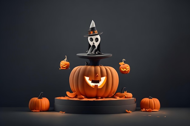 fantasma de calabaza de Halloween en un podio estilo de arte de papel ai generado fondo