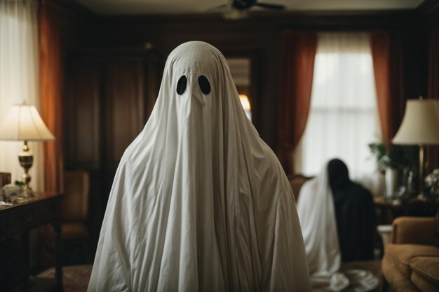 Fantasma coberto com um lençol de fantasma branco em casa abandonada Halloween Concept foto em preto e branco